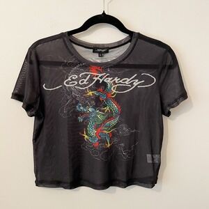 NEW Ed Hardy Womens Dragon Print Mesh Graphic Shirt Sz L Crop Y2K Tattoo Grunge